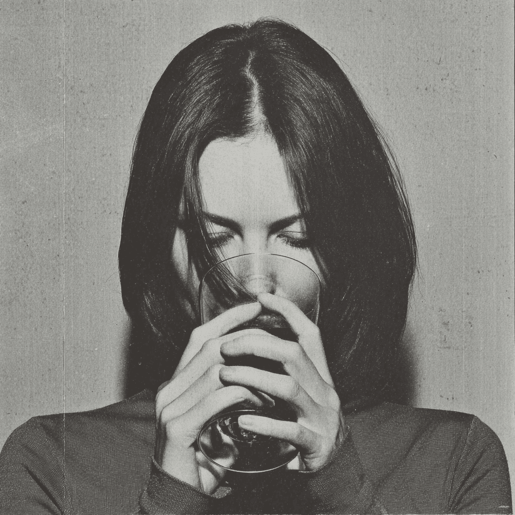 Black-and-white photograph of a woman drinking from a glass