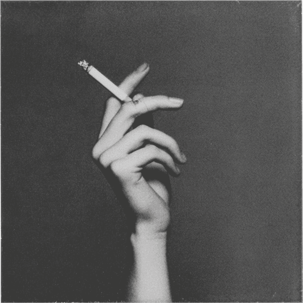 Black-and-white photograph of a hand holding a lit cigarette