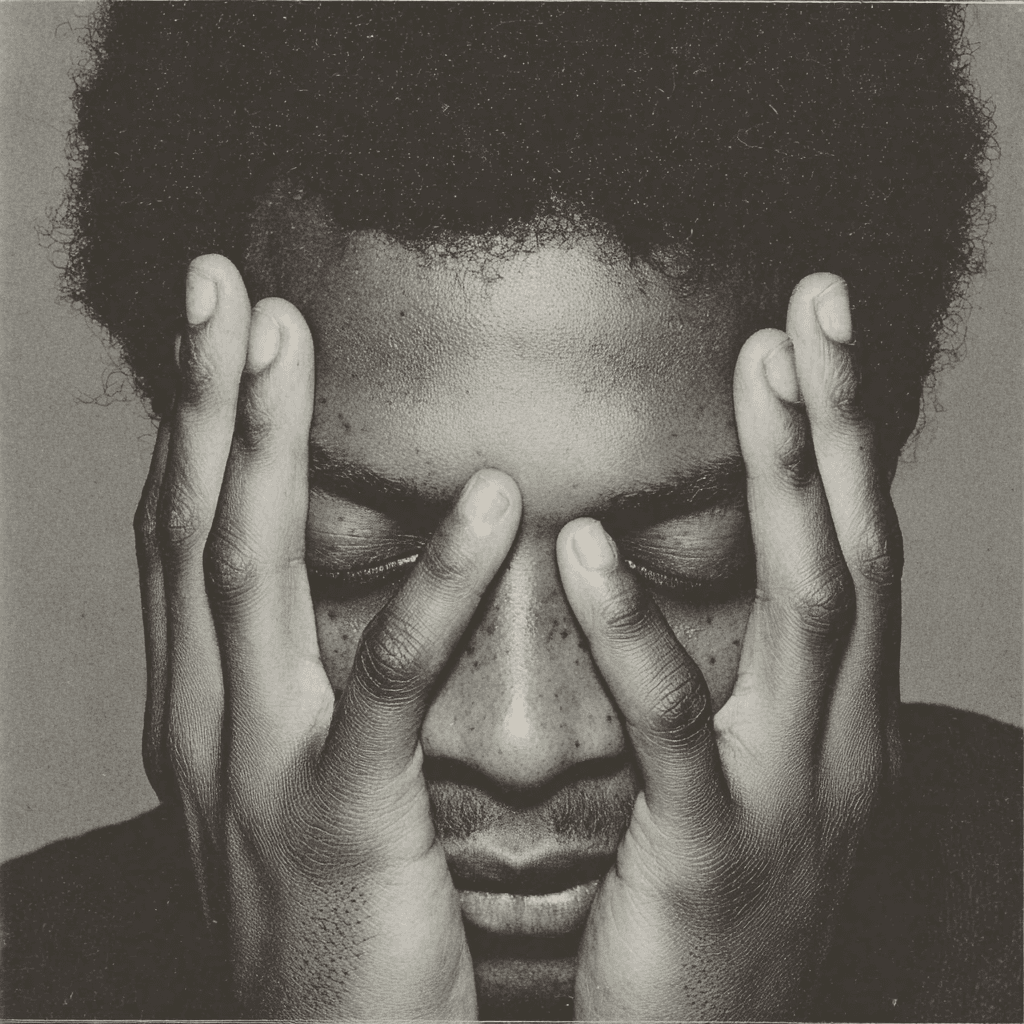 Black-and-white photograph of a person covering their face with both hands