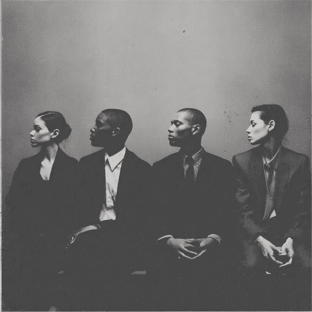 Black-and-white editorial portrait of four figures in profile, side by side